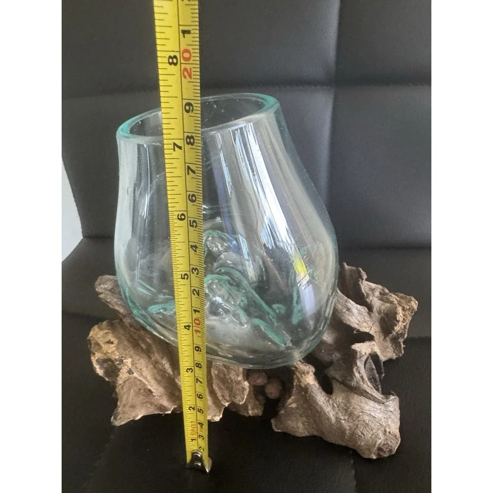 Hand Blown Glass Driftwood Bowl Planter Vase Rustic Coastal Boho Decor OOAK